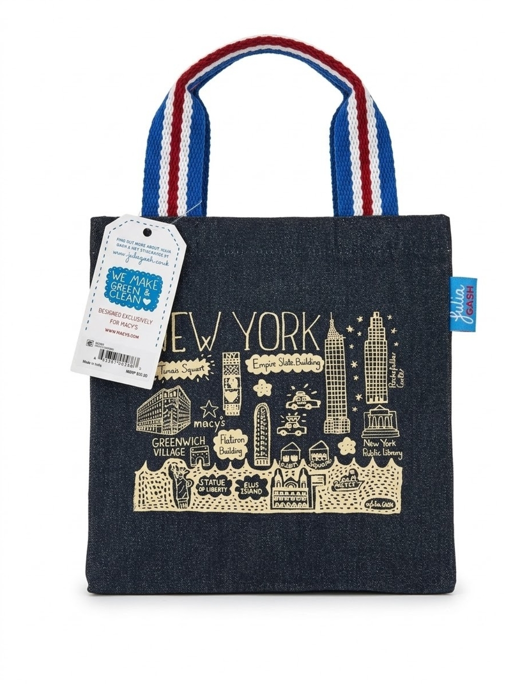 Macy's Navy Mini DenimTote with Gold New York Skyline and Red-White-Blue Handles